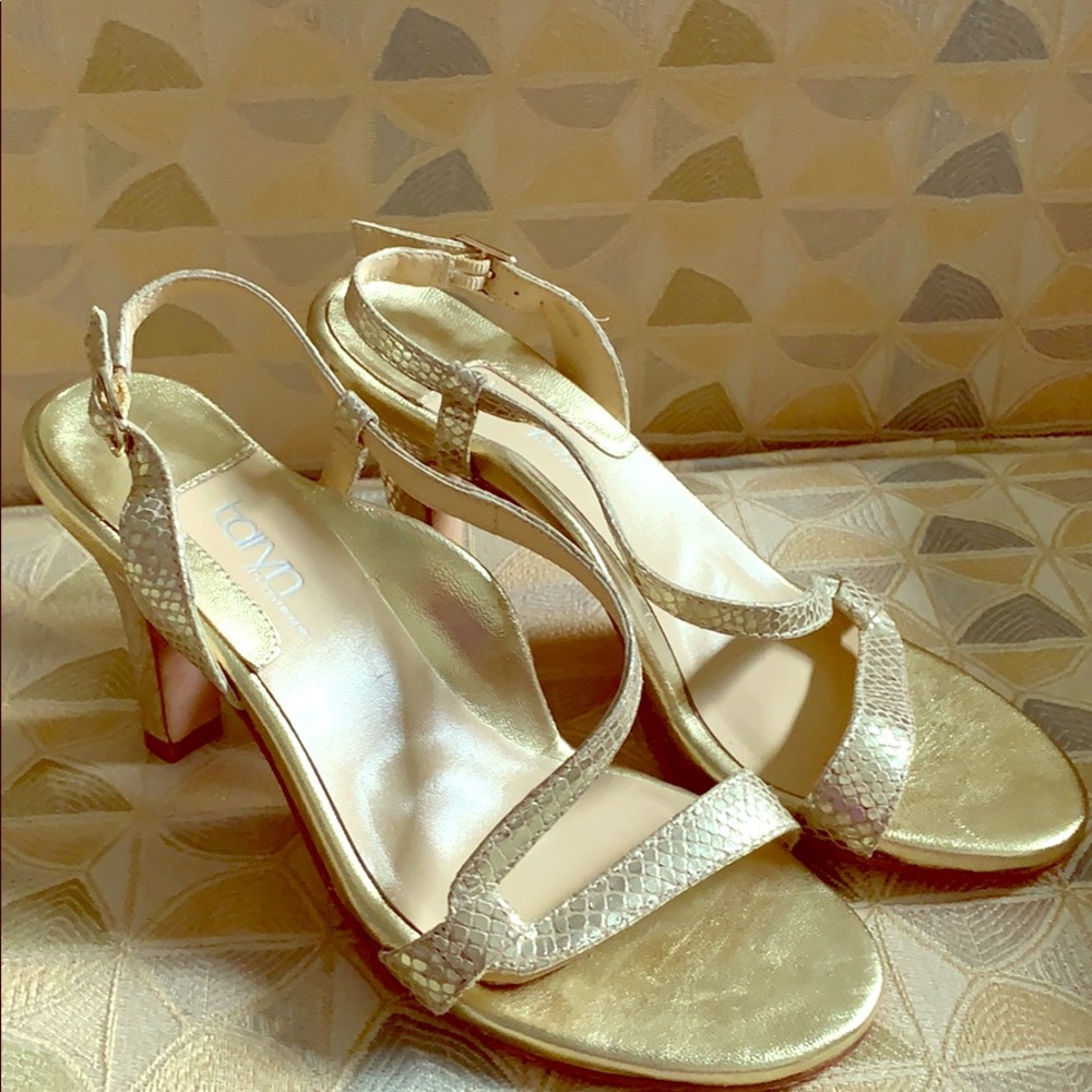 Gold metallic snakeskin sandals